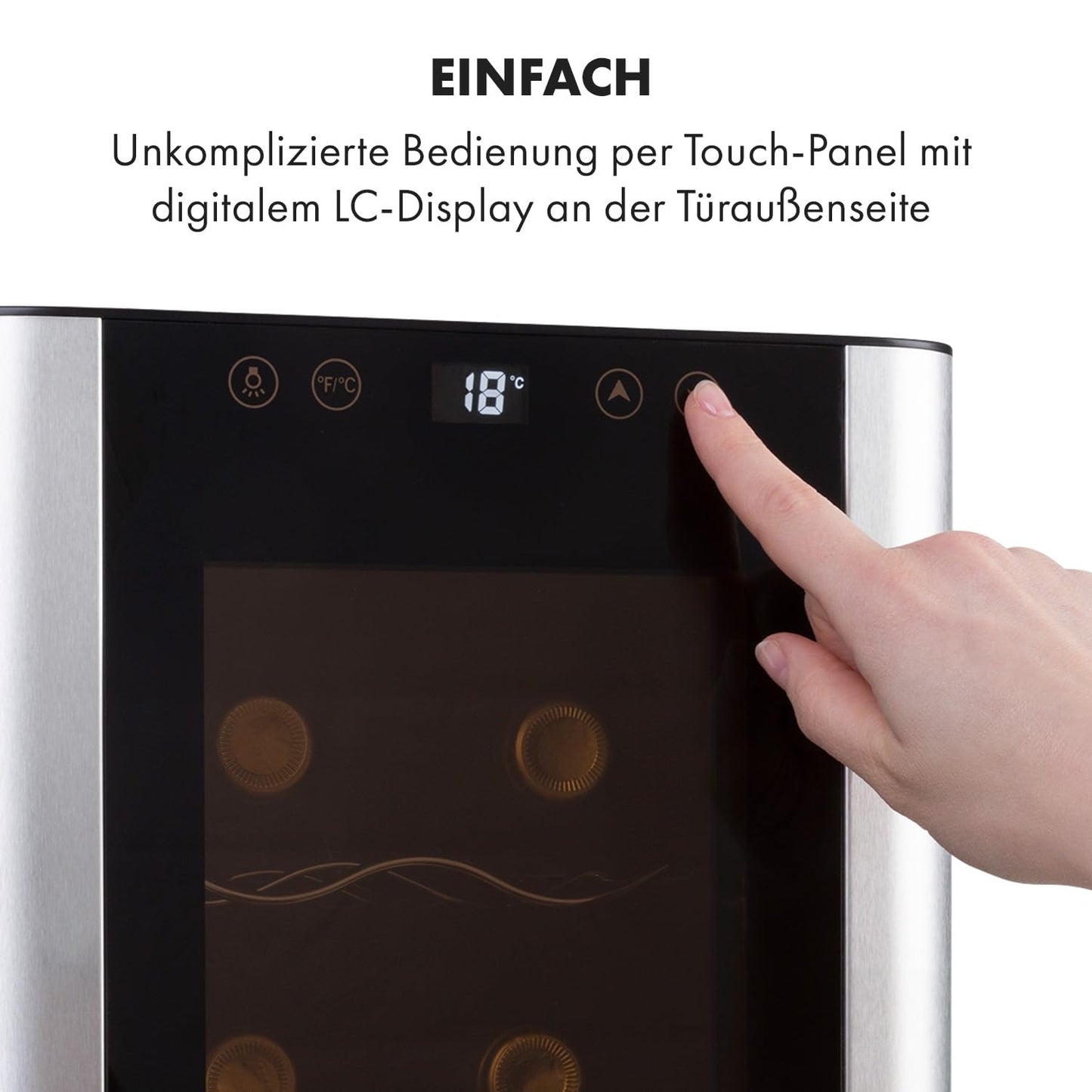 Klarstein Reserva Slim Uno Weinkühlschrank – 23 L / 8 Flaschen, 11–18 °C, leise (26 dB), LED, UV-Schutz, 3 Metallregale, Schwarz