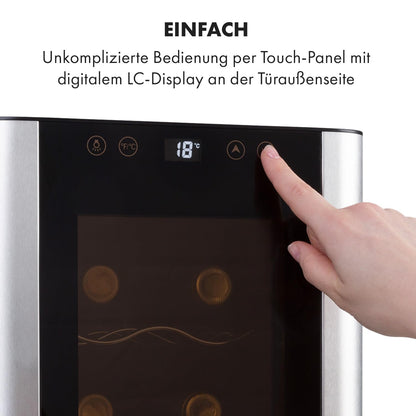 Klarstein Reserva Slim Uno Weinkühlschrank – 23 L / 8 Flaschen, 11–18 °C, leise (26 dB), LED, UV-Schutz, 3 Metallregale, Schwarz