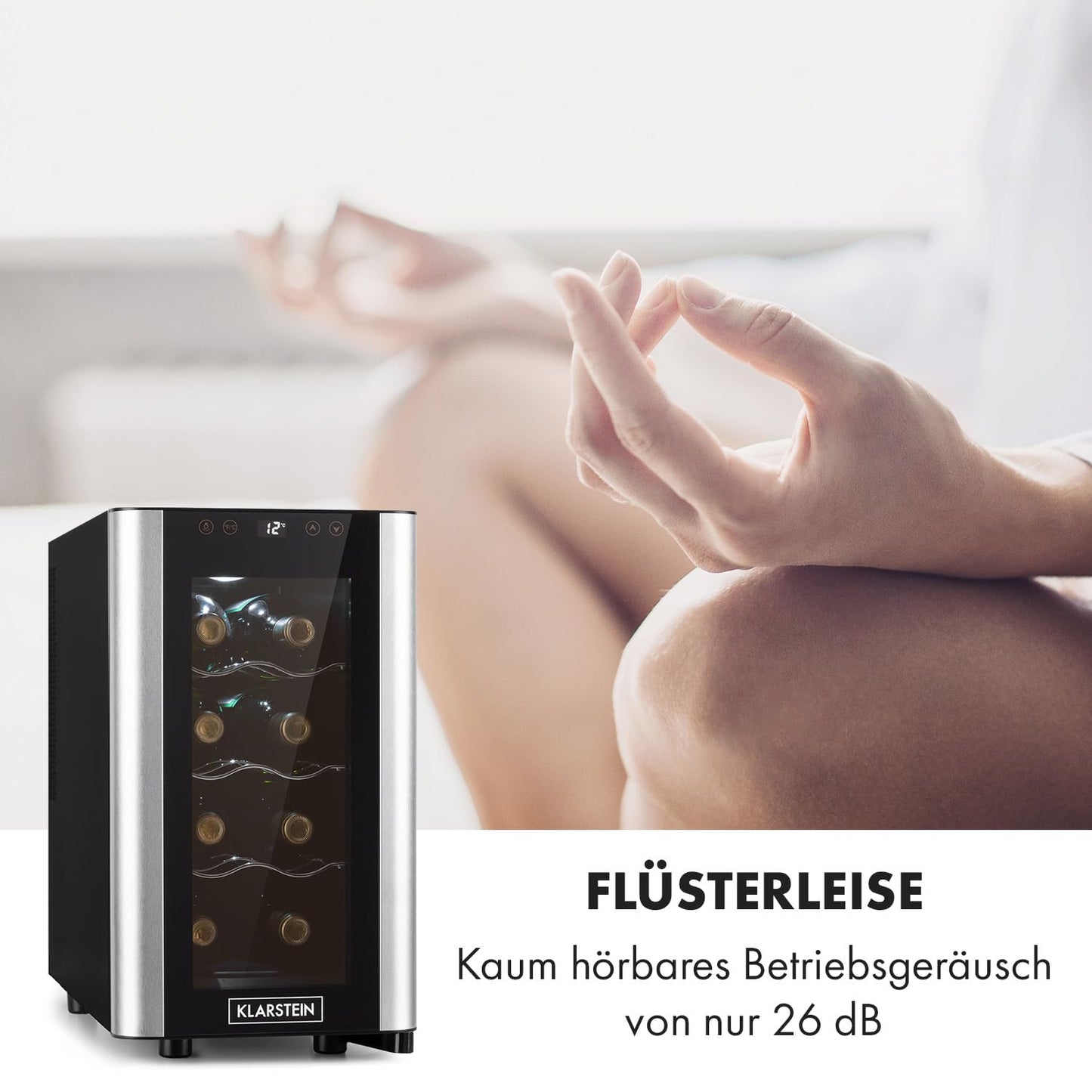 Klarstein Reserva Slim Uno Weinkühlschrank – 23 L / 8 Flaschen, 11–18 °C, leise (26 dB), LED, UV-Schutz, 3 Metallregale, Schwarz