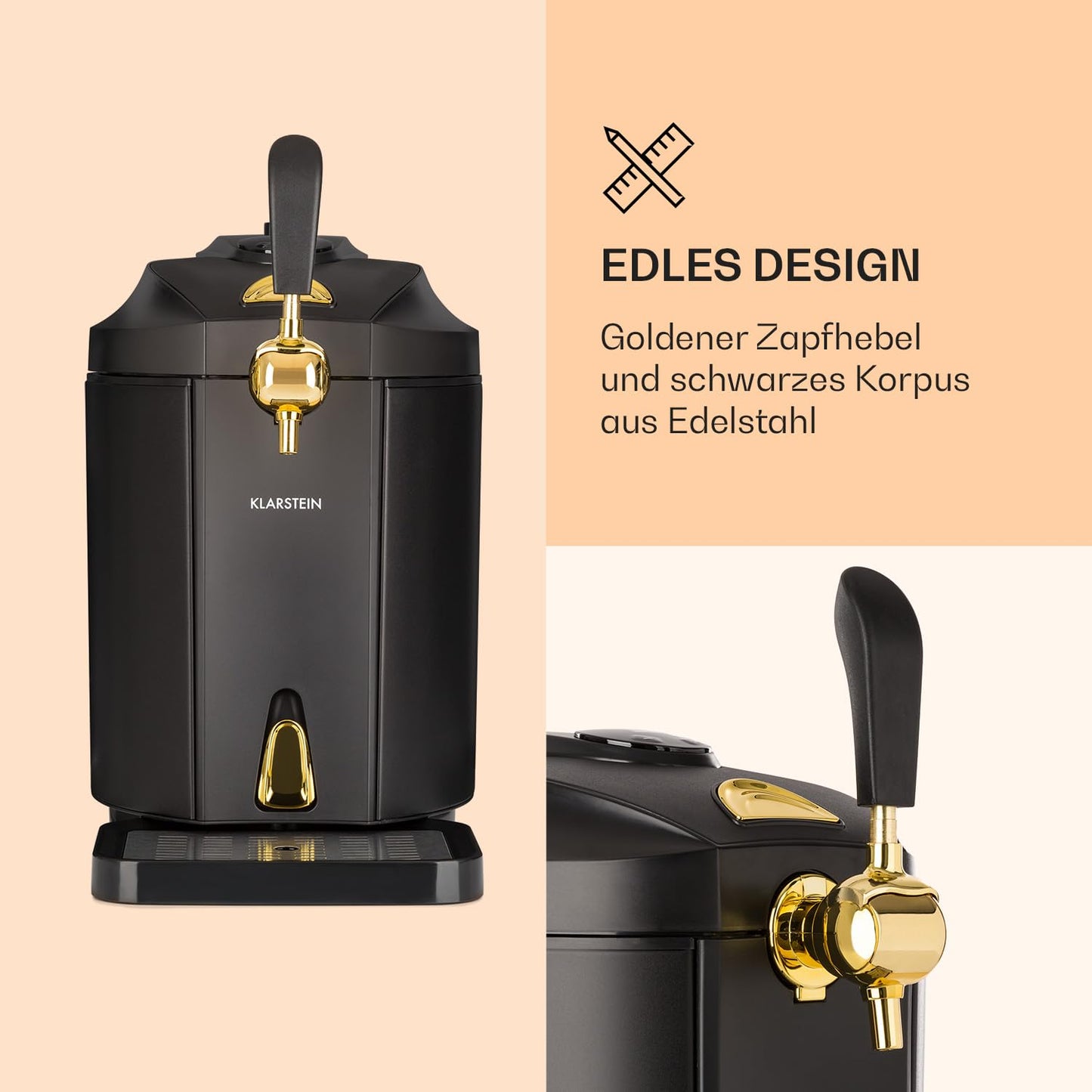 "Klarstein Skal Bierzapfanlage mit integriertem Kühler, 2–12 °C, 5L, thermoelektrisch, leise (38 dB), schwarz, universal"