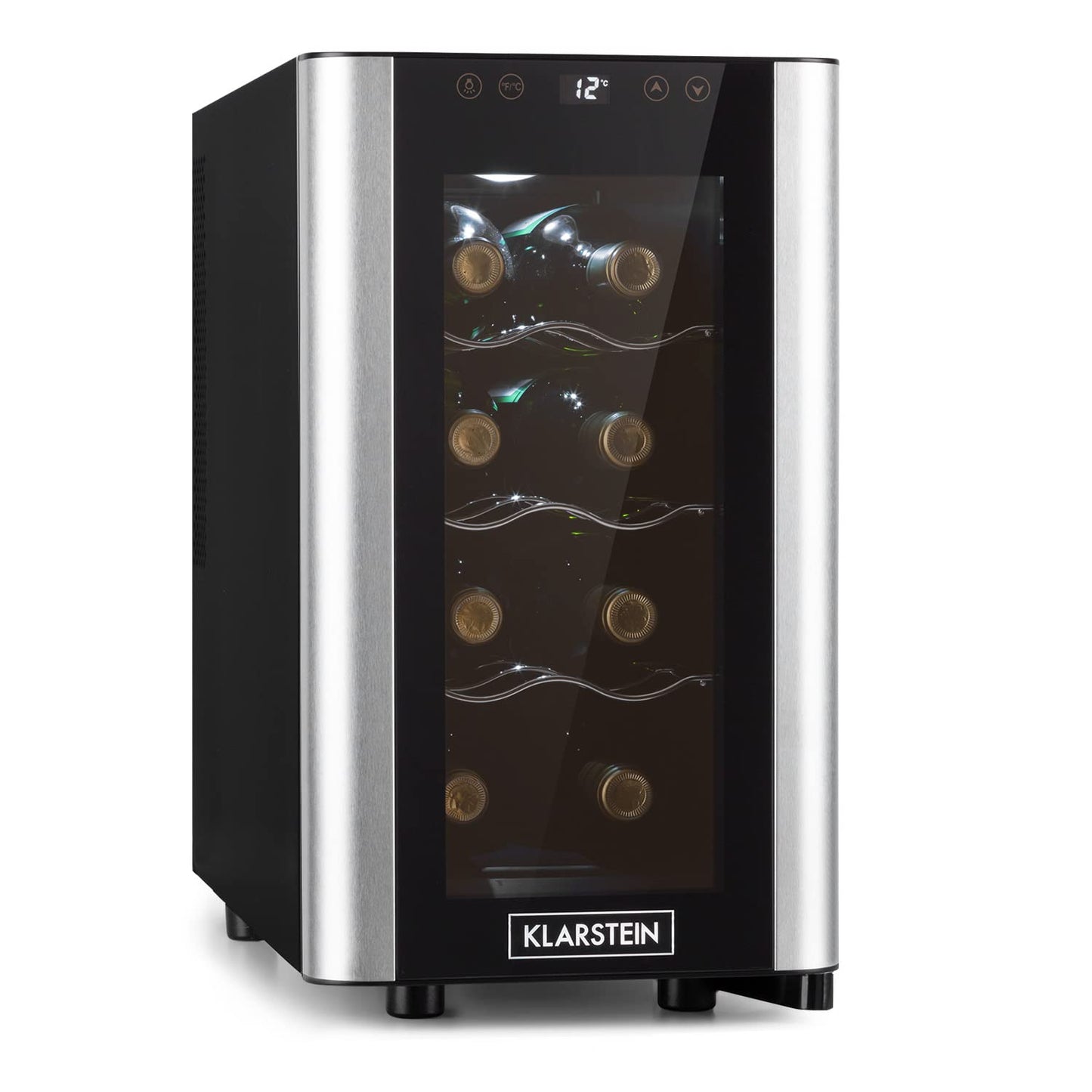 Klarstein Reserva Slim Uno Weinkühlschrank – 23 L / 8 Flaschen, 11–18 °C, leise (26 dB), LED, UV-Schutz, 3 Metallregale, Schwarz