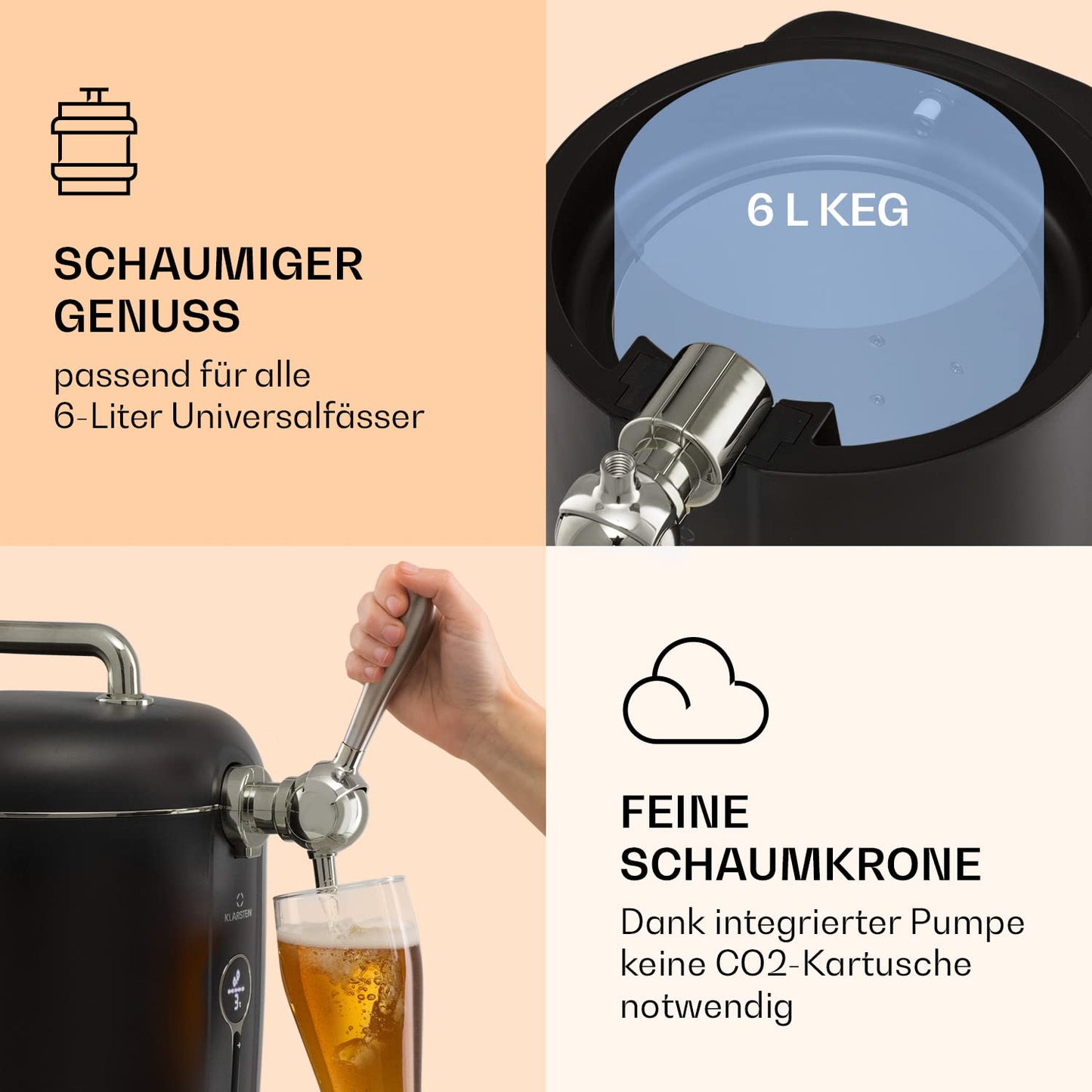 "Klarstein Bierzapfanlage 6 L – mit Kühlung (3–12 °C), 65 W, LED & Füllstandsanzeige, leise, für Mini-Fässer – Bier wie frisch gezapft
