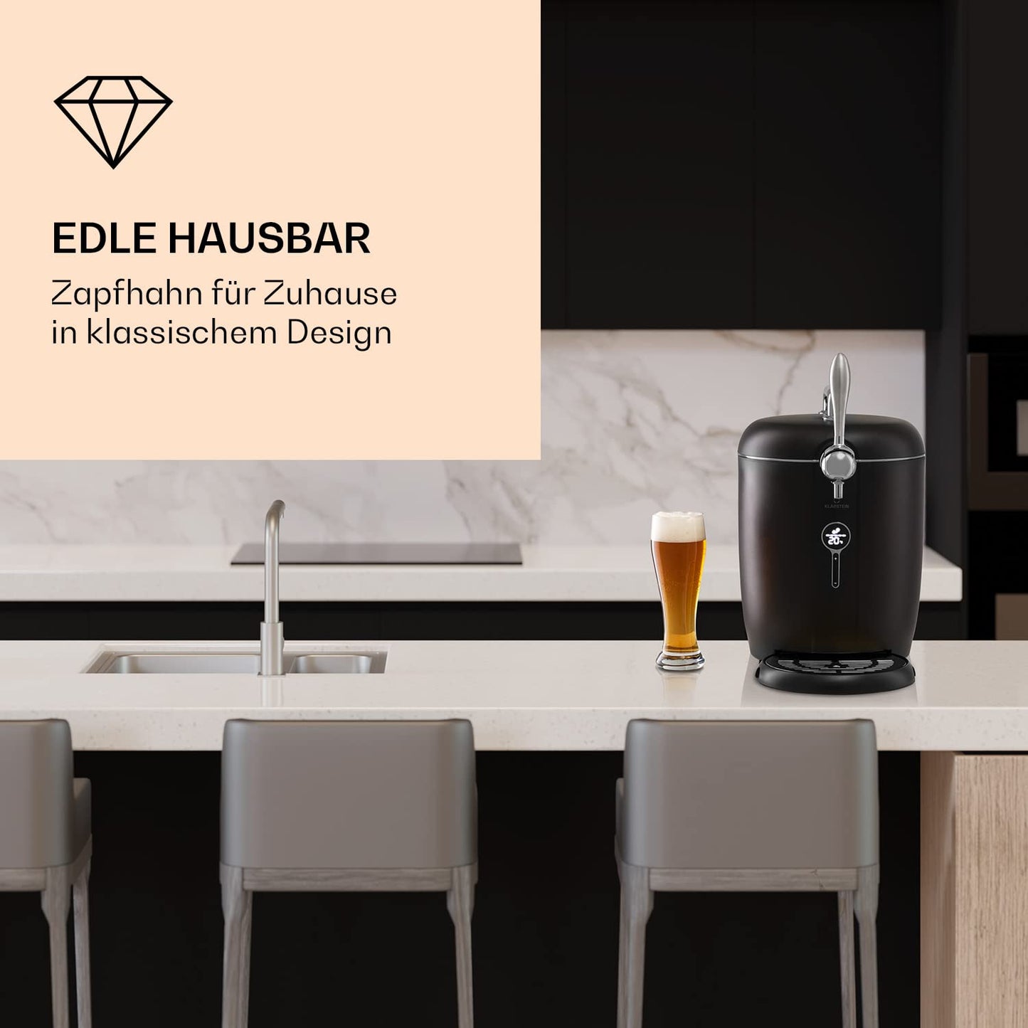 "Klarstein Bierzapfanlage 6 L – mit Kühlung (3–12 °C), 65 W, LED & Füllstandsanzeige, leise, für Mini-Fässer – Bier wie frisch gezapft