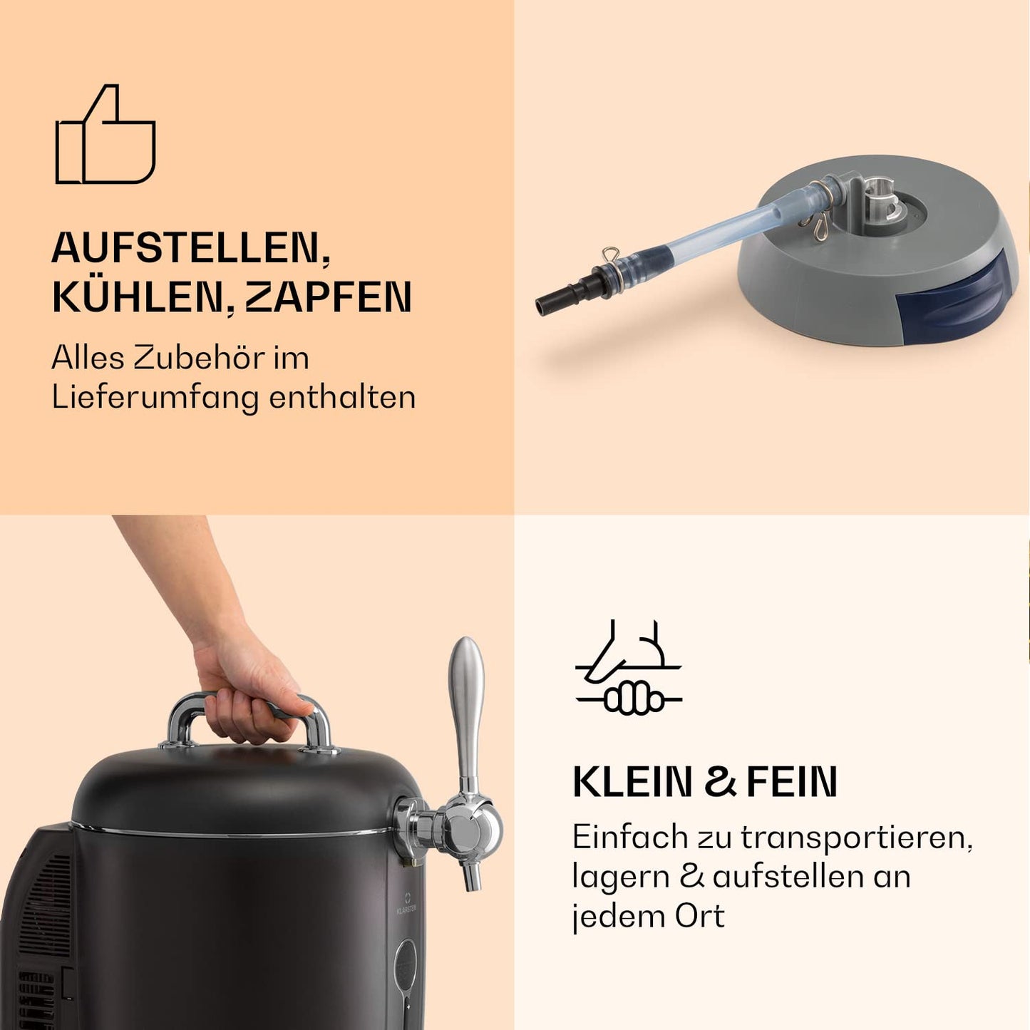 "Klarstein Bierzapfanlage 6 L – mit Kühlung (3–12 °C), 65 W, LED & Füllstandsanzeige, leise, für Mini-Fässer – Bier wie frisch gezapft