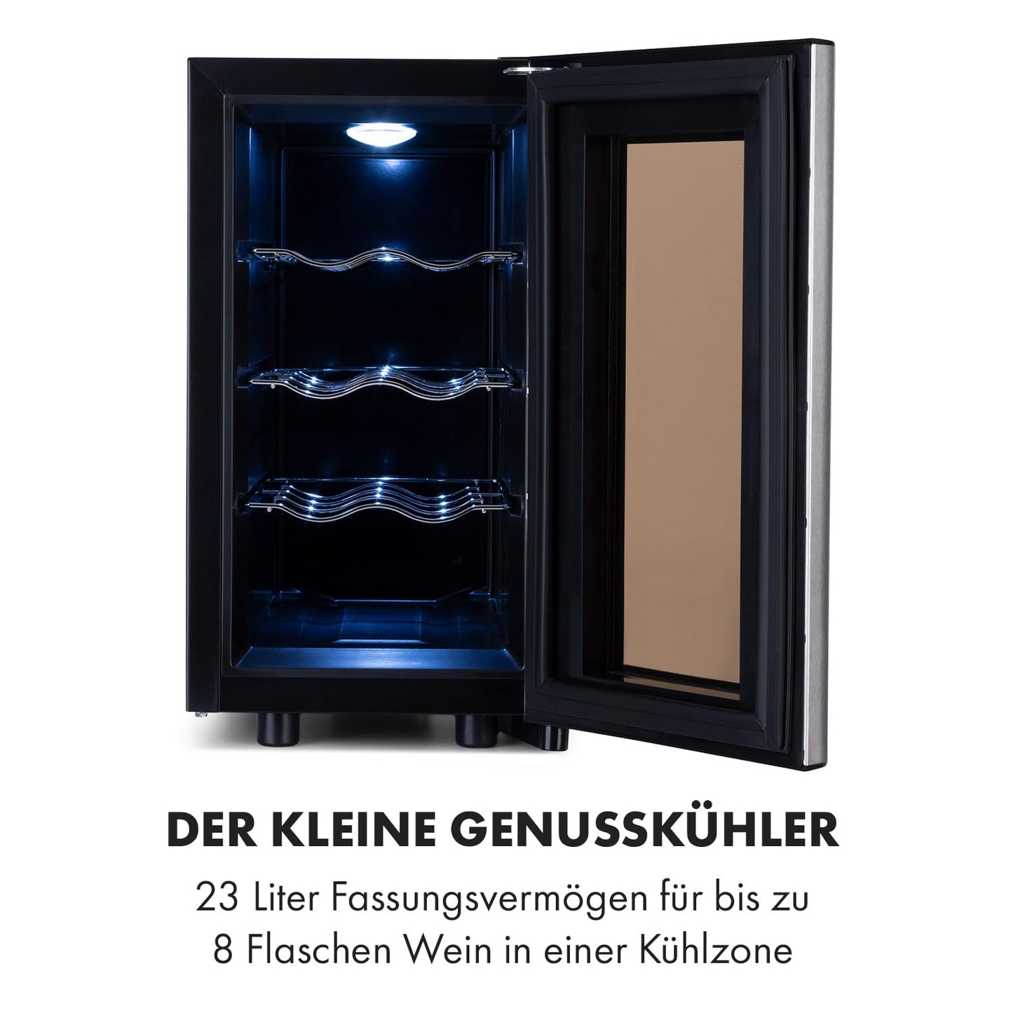 Klarstein Reserva Slim Uno Weinkühlschrank – 23 L / 8 Flaschen, 11–18 °C, leise (26 dB), LED, UV-Schutz, 3 Metallregale, Schwarz