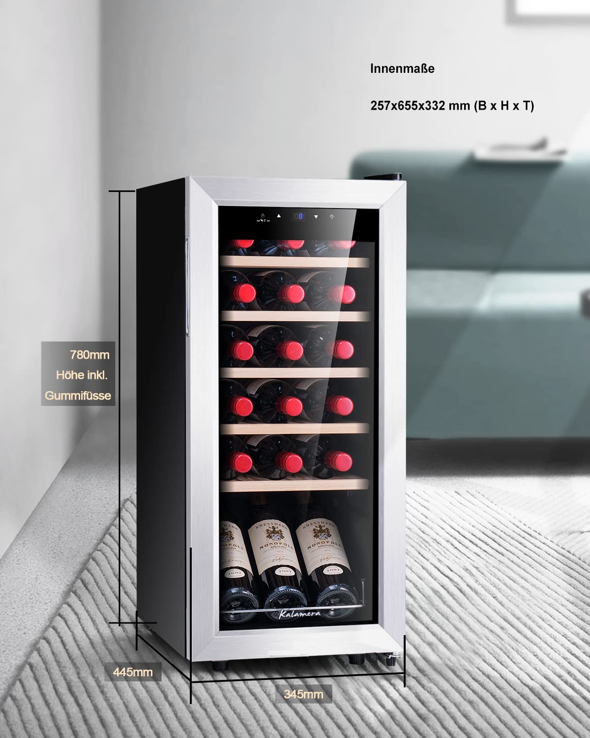 Kalamera Weinkühlschrank, 18 Flaschen 51 Liter Weinkühlschrank klein mit Kompressor, 5-18°C Kühlzone, KRC-51FCSS