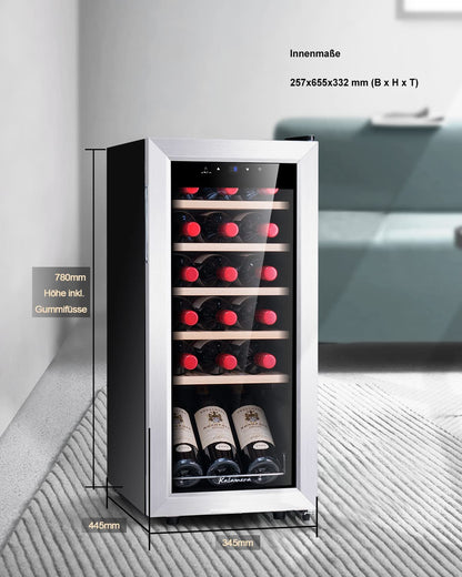 Kalamera Weinkühlschrank, 18 Flaschen 51 Liter Weinkühlschrank klein mit Kompressor, 5-18°C Kühlzone, KRC-51FCSS