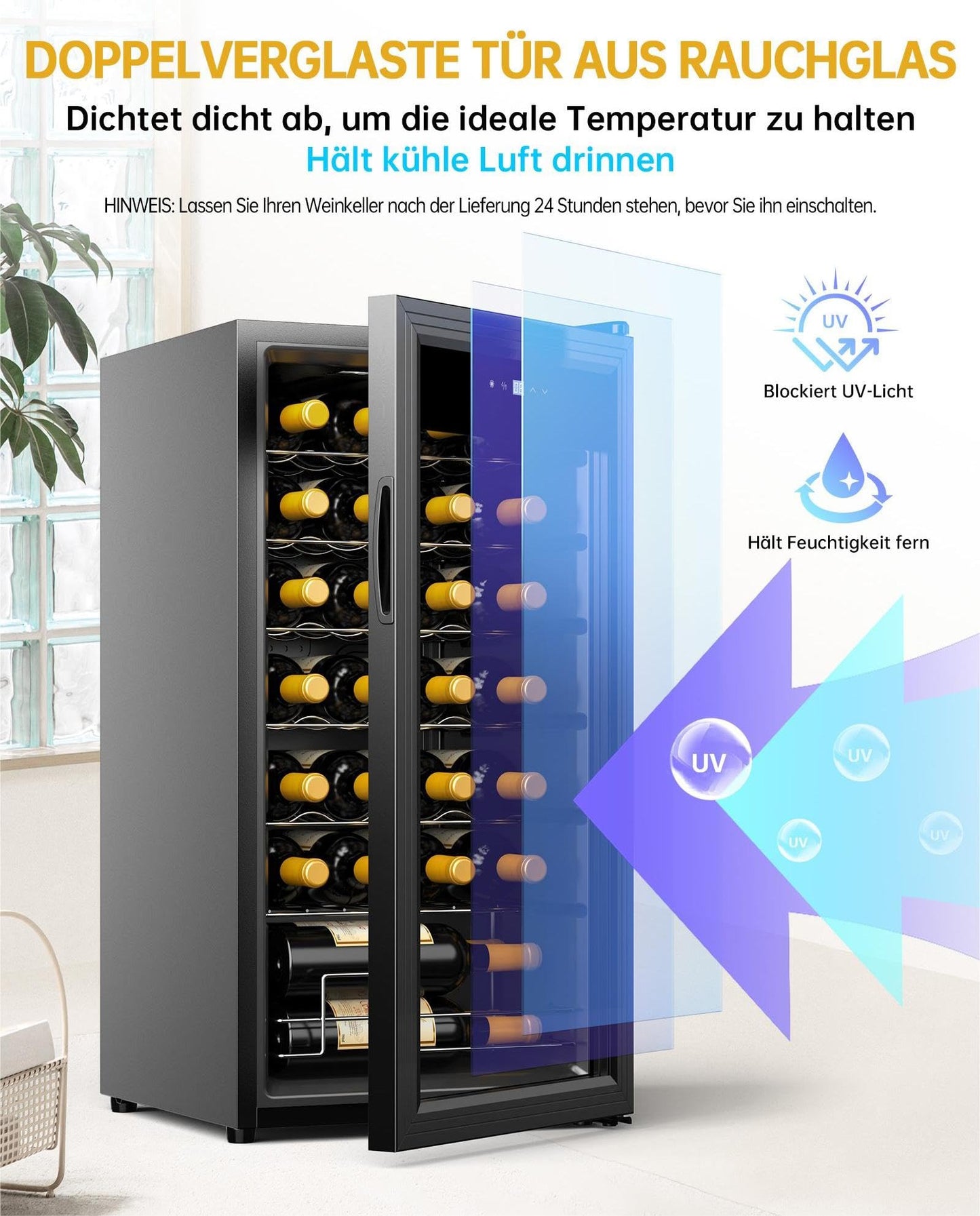 WIE Weinkühlschrank 82 L für 28 Flaschen – Kompressor, 5–18 °C, Glastür mit LED-Touchpanel, Anti-UV, kompakt & stilvoll