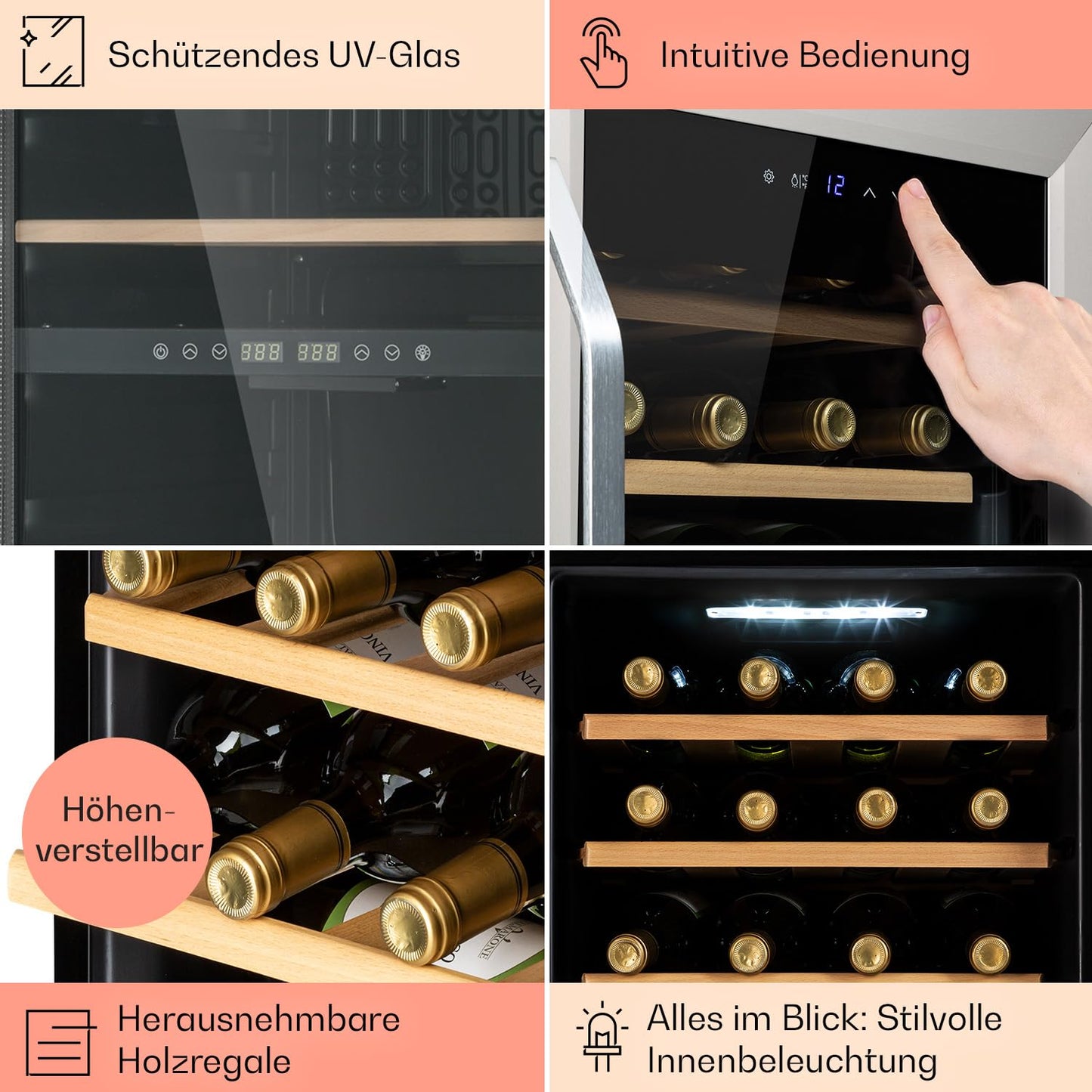 Klarstein Weinkühlschrank – Schmal, 16 Flaschen, 5–18 °C, 1 Zone, freistehend, Glastür mit UV-Schutz, kompakt & stilvoll