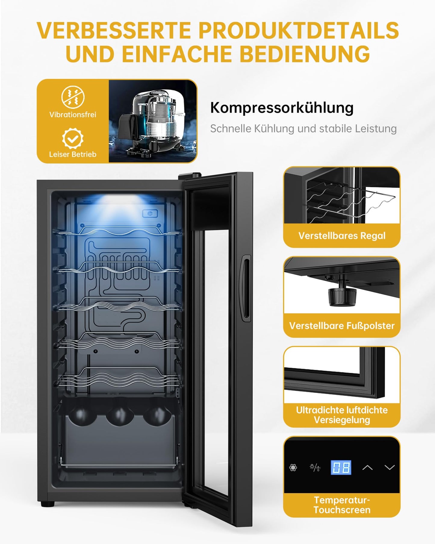 WIE Weinkühlschrank 53 L für 18 Flaschen – Mini Weinschrank mit Glastür, LED-Touchpanel, Anti-UV, 5–18 °C, für Indoor/Outdoor