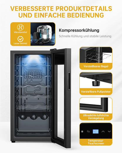 WIE Weinkühlschrank 53 L für 18 Flaschen – Mini Weinschrank mit Glastür, LED-Touchpanel, Anti-UV, 5–18 °C, für Indoor/Outdoor