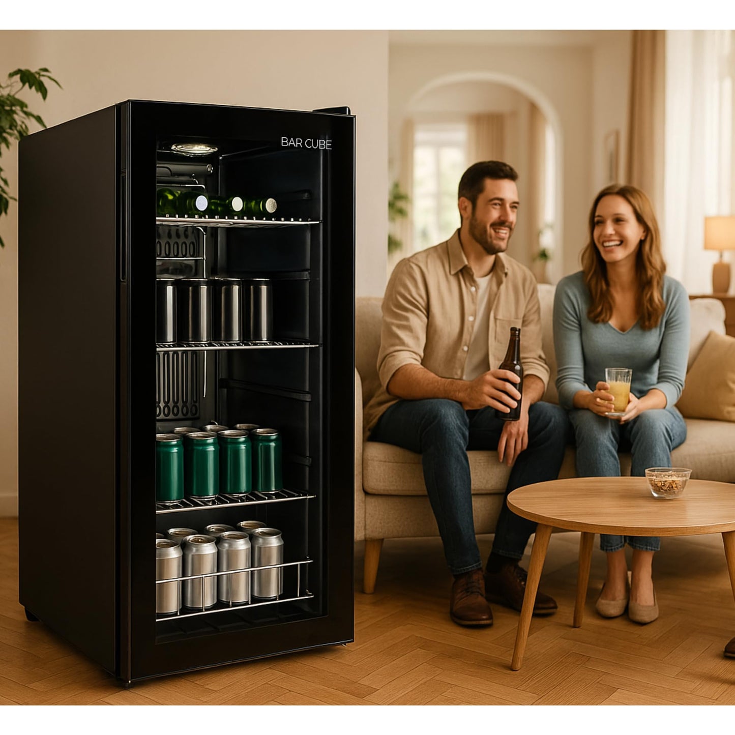 °CUBES Getränkekühlschrank 90 L – Glastür, 4 Ablagen, kompakt & stilvoll, für Zuhause, Büro, Partys & Gastro, Schwarz
