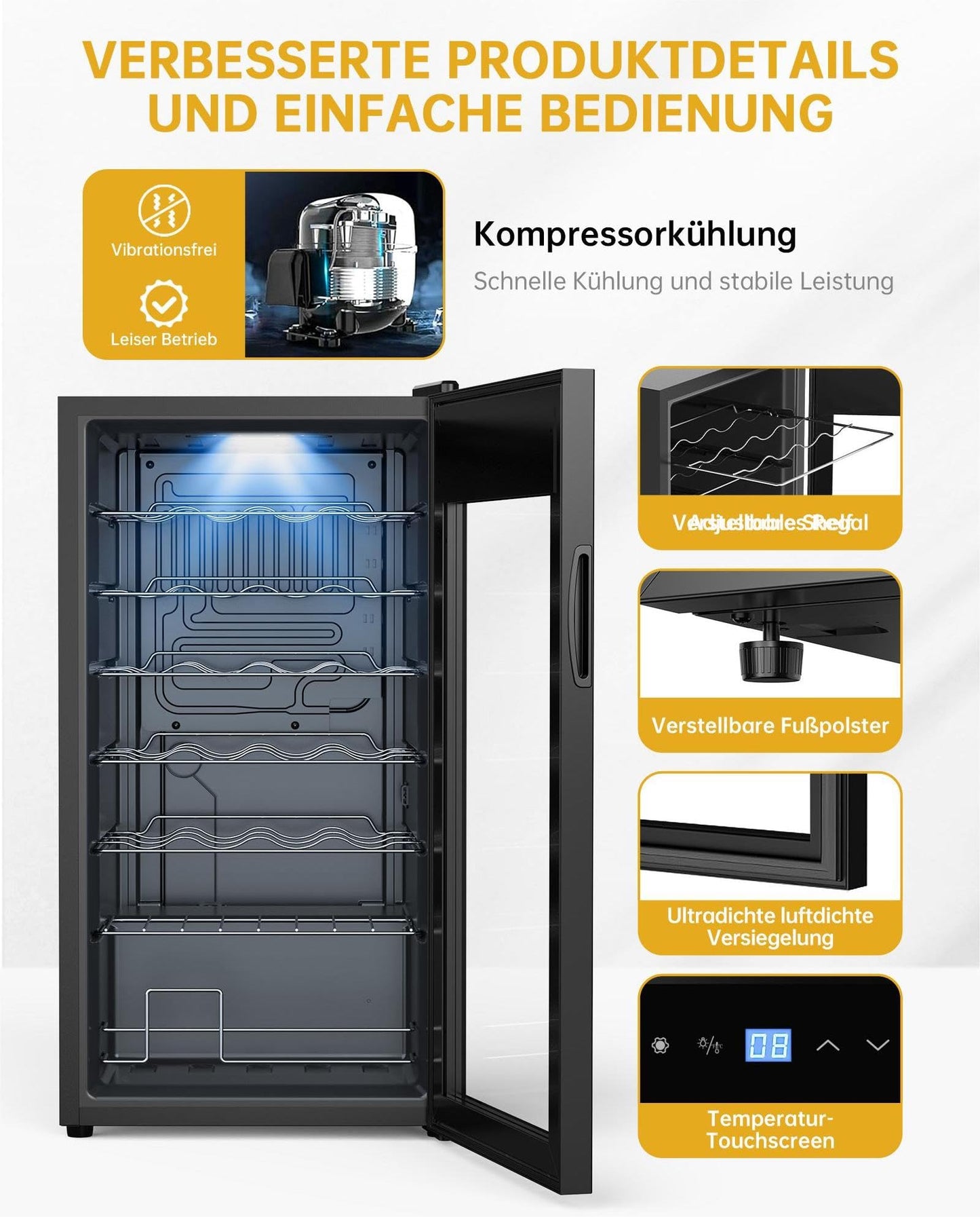 WIE Weinkühlschrank 82 L für 28 Flaschen – Kompressor, 5–18 °C, Glastür mit LED-Touchpanel, Anti-UV, kompakt & stilvoll