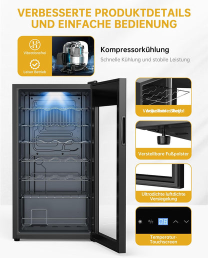 WIE Weinkühlschrank 82 L für 28 Flaschen – Kompressor, 5–18 °C, Glastür mit LED-Touchpanel, Anti-UV, kompakt & stilvoll