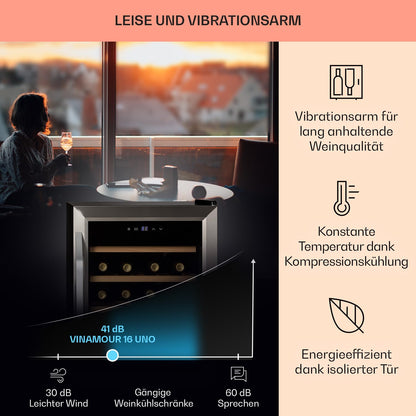 Klarstein Weinkühlschrank – Schmal, 16 Flaschen, 5–18 °C, 1 Zone, freistehend, Glastür mit UV-Schutz, kompakt & stilvoll