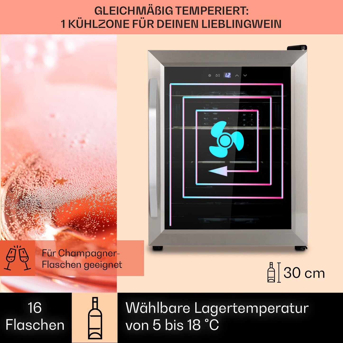 Klarstein Weinkühlschrank – Schmal, 16 Flaschen, 5–18 °C, 1 Zone, freistehend, Glastür mit UV-Schutz, kompakt & stilvoll