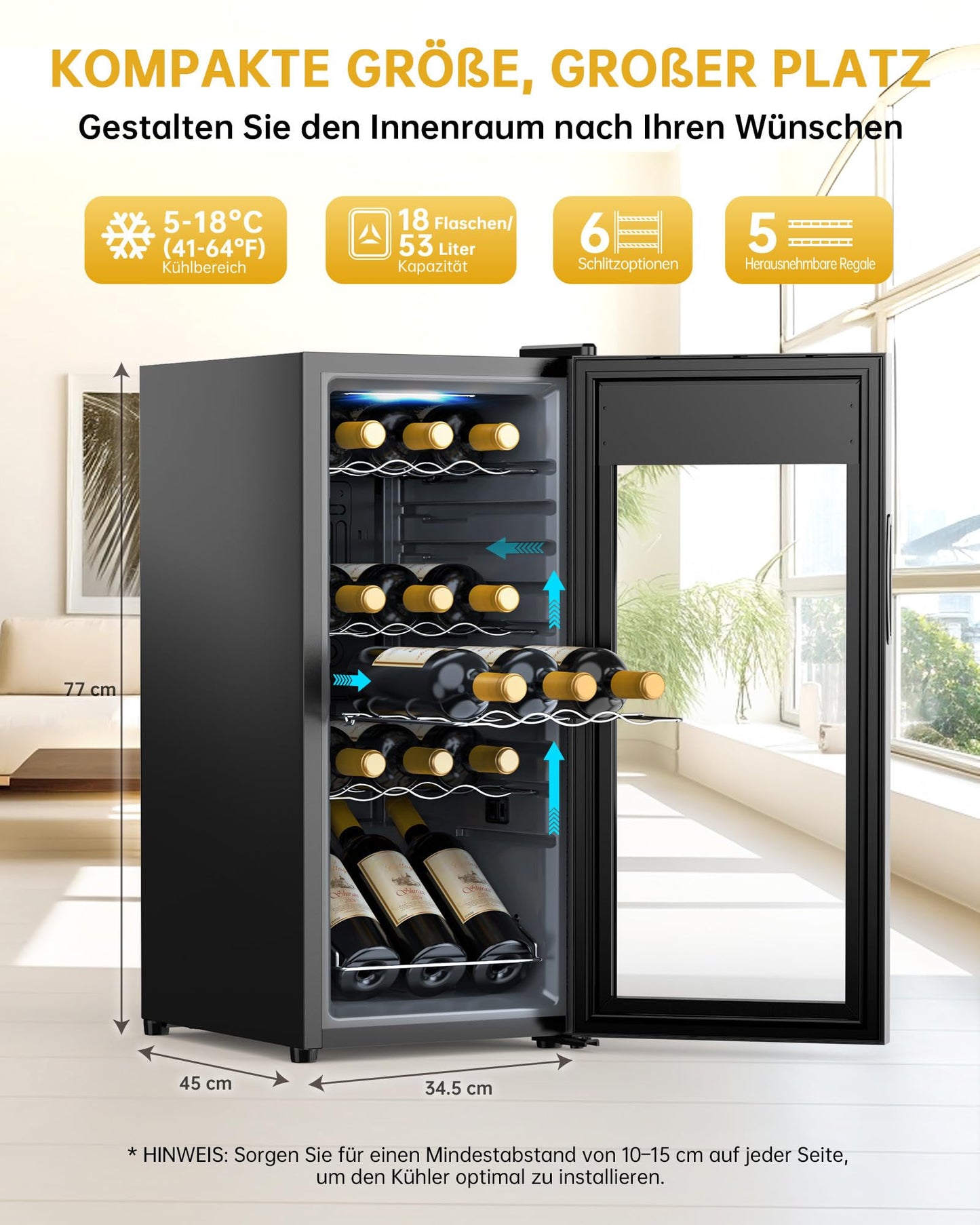 WIE Weinkühlschrank 53 L für 18 Flaschen – Mini Weinschrank mit Glastür, LED-Touchpanel, Anti-UV, 5–18 °C, für Indoor/Outdoor