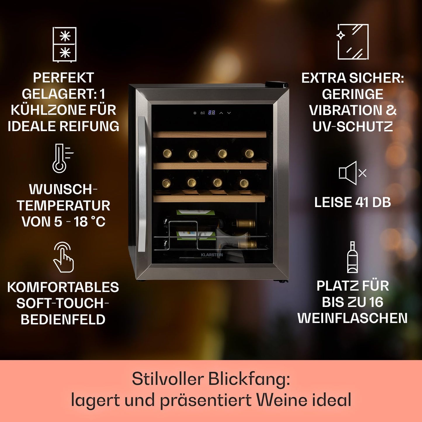 Klarstein Weinkühlschrank – Schmal, 16 Flaschen, 5–18 °C, 1 Zone, freistehend, Glastür mit UV-Schutz, kompakt & stilvoll