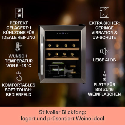 Klarstein Weinkühlschrank – Schmal, 16 Flaschen, 5–18 °C, 1 Zone, freistehend, Glastür mit UV-Schutz, kompakt & stilvoll