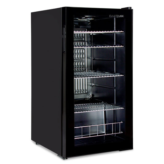 °CUBES Getränkekühlschrank 90 L – Glastür, 4 Ablagen, kompakt & stilvoll, für Zuhause, Büro, Partys & Gastro, Schwarz