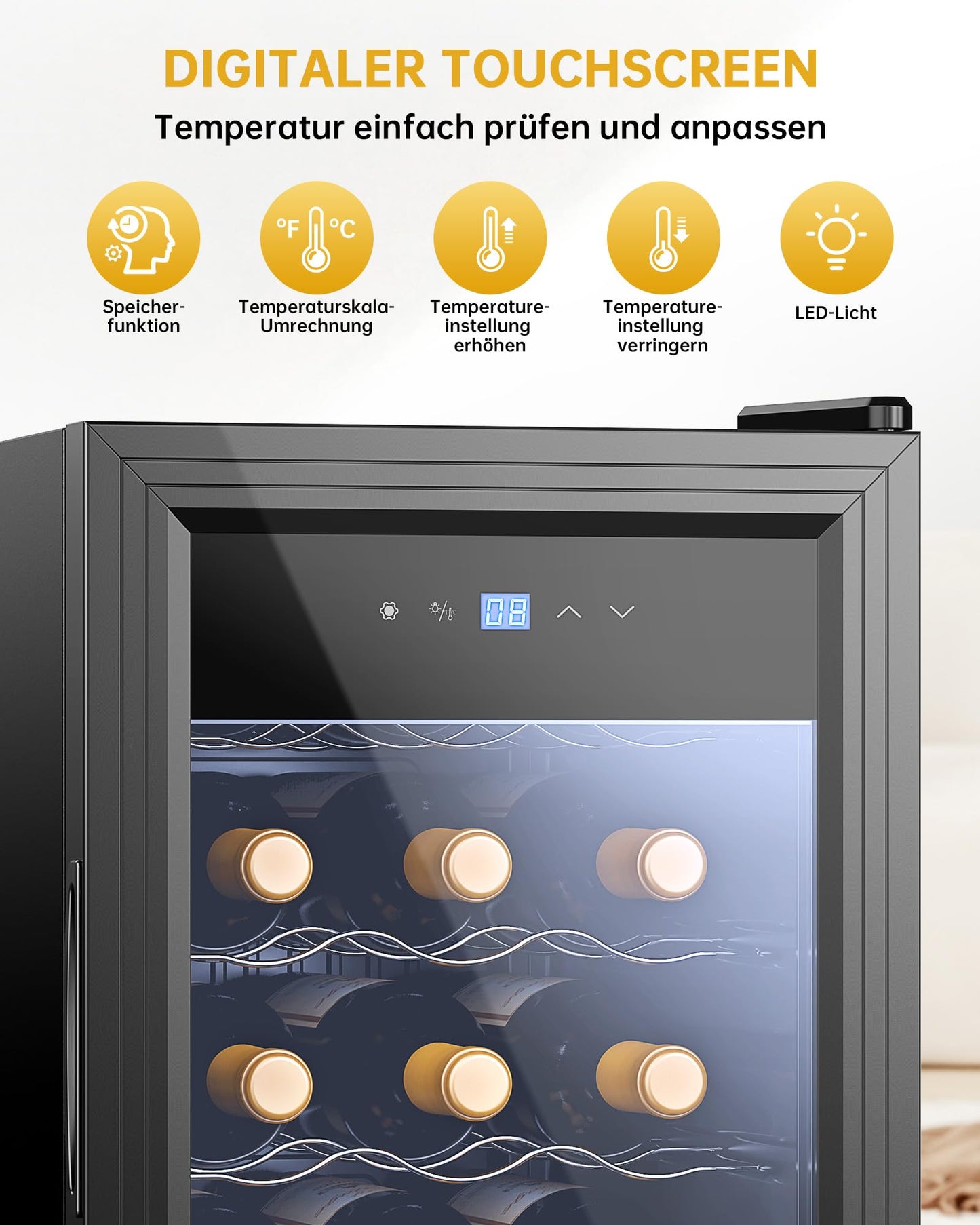 WIE Weinkühlschrank 53 L für 18 Flaschen – Mini Weinschrank mit Glastür, LED-Touchpanel, Anti-UV, 5–18 °C, für Indoor/Outdoor