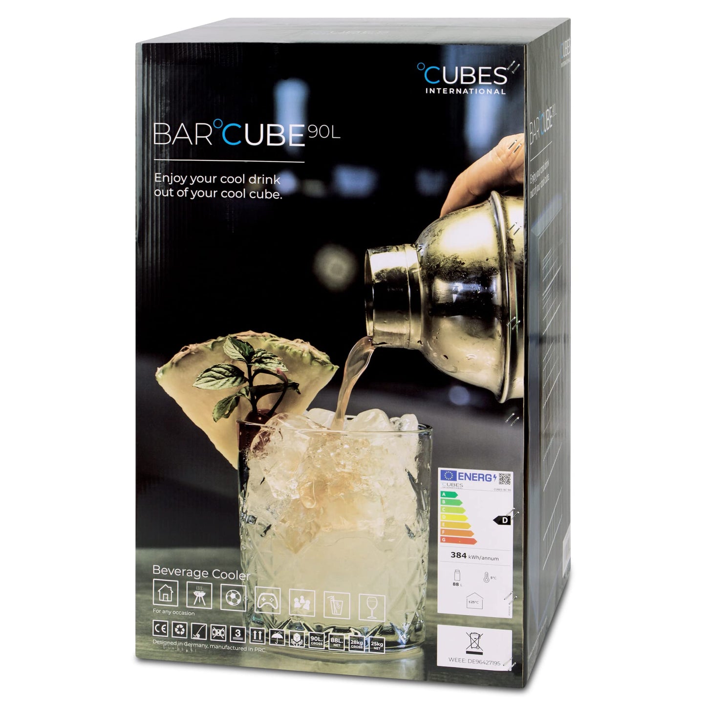 °CUBES Getränkekühlschrank 90 L – Glastür, 4 Ablagen, kompakt & stilvoll, für Zuhause, Büro, Partys & Gastro, Schwarz