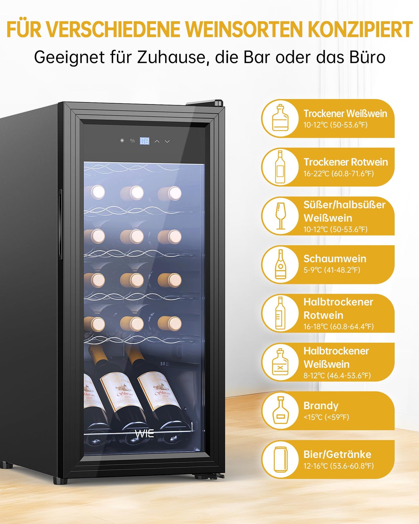 WIE Weinkühlschrank 53 L für 18 Flaschen – Mini Weinschrank mit Glastür, LED-Touchpanel, Anti-UV, 5–18 °C, für Indoor/Outdoor
