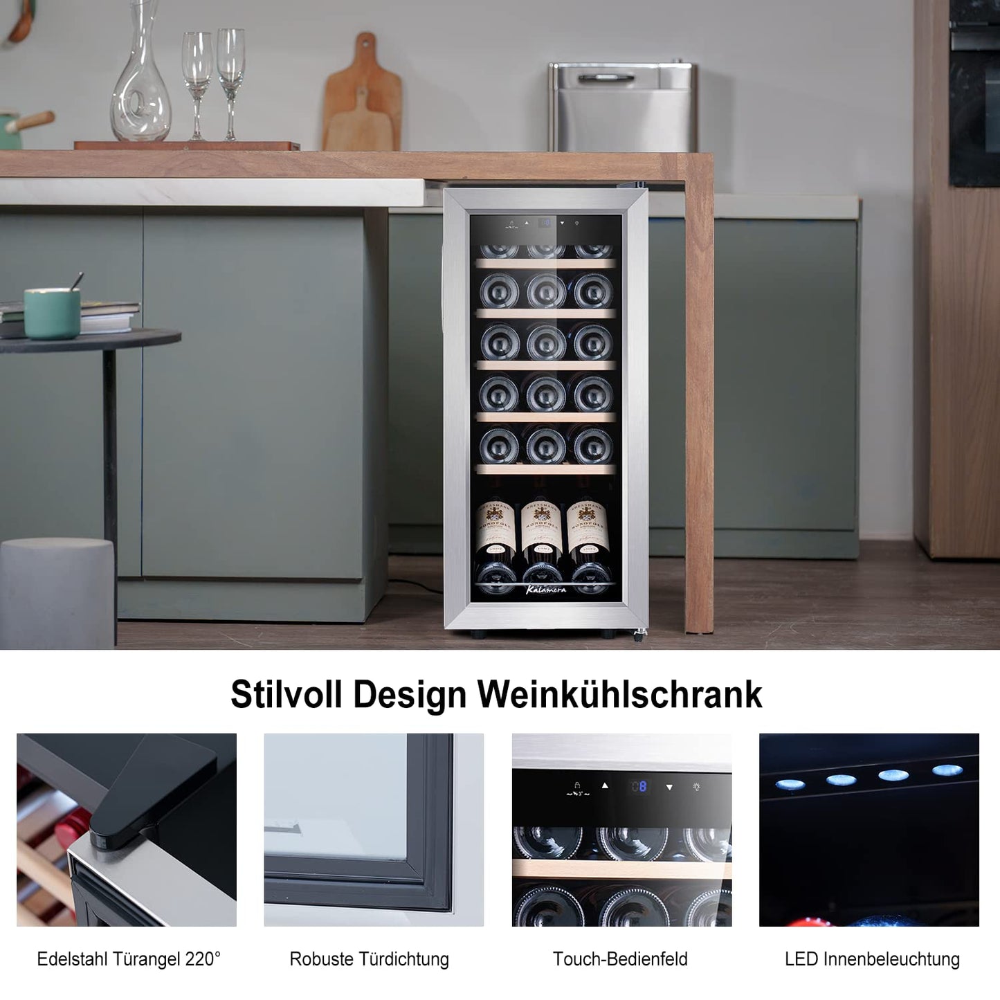 Kalamera Weinkühlschrank, 18 Flaschen 51 Liter Weinkühlschrank klein mit Kompressor, 5-18°C Kühlzone, KRC-51FCSS