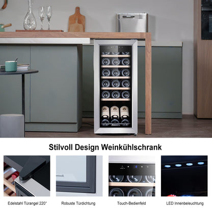 Kalamera Weinkühlschrank, 18 Flaschen 51 Liter Weinkühlschrank klein mit Kompressor, 5-18°C Kühlzone, KRC-51FCSS