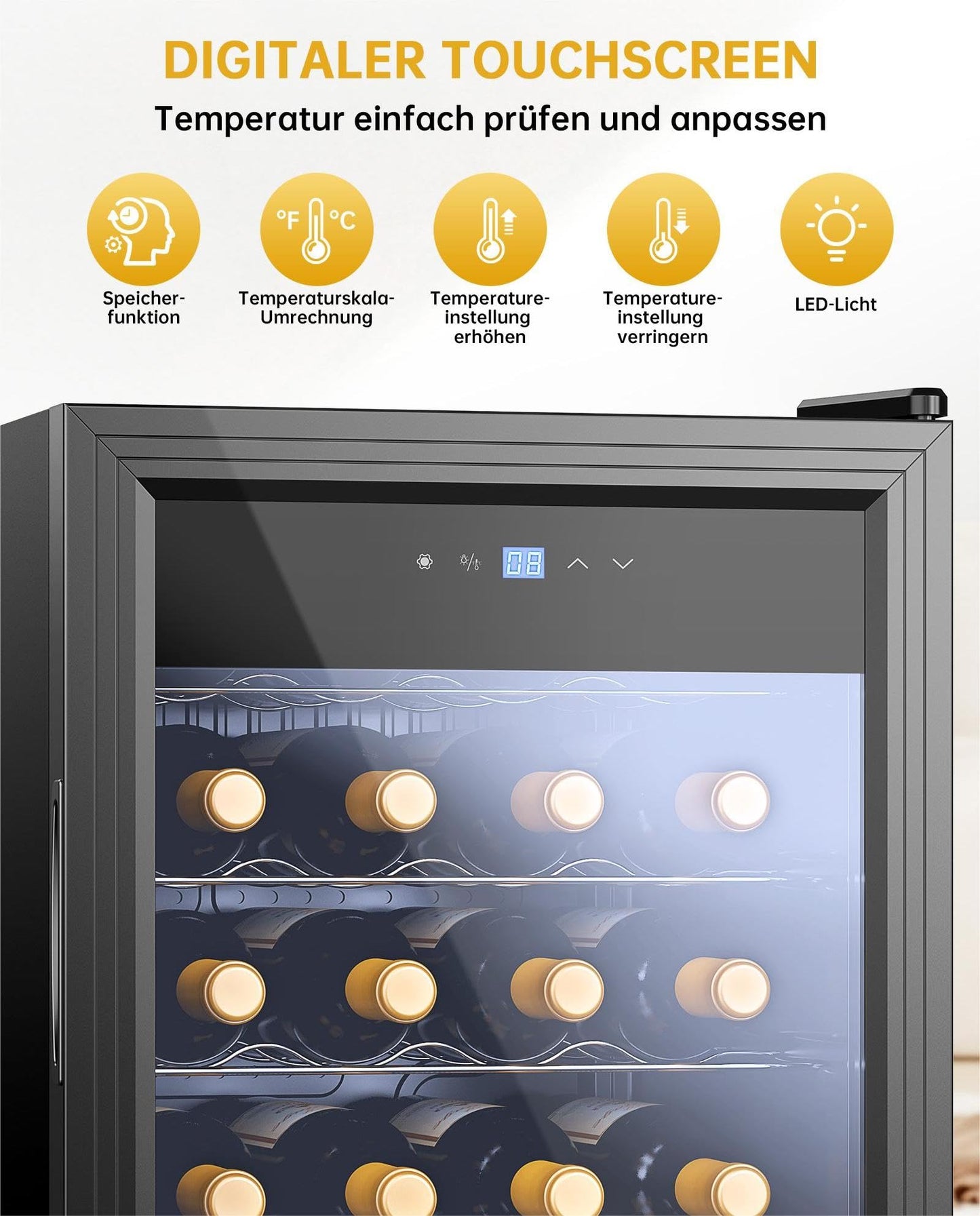 WIE Weinkühlschrank 82 L für 28 Flaschen – Kompressor, 5–18 °C, Glastür mit LED-Touchpanel, Anti-UV, kompakt & stilvoll