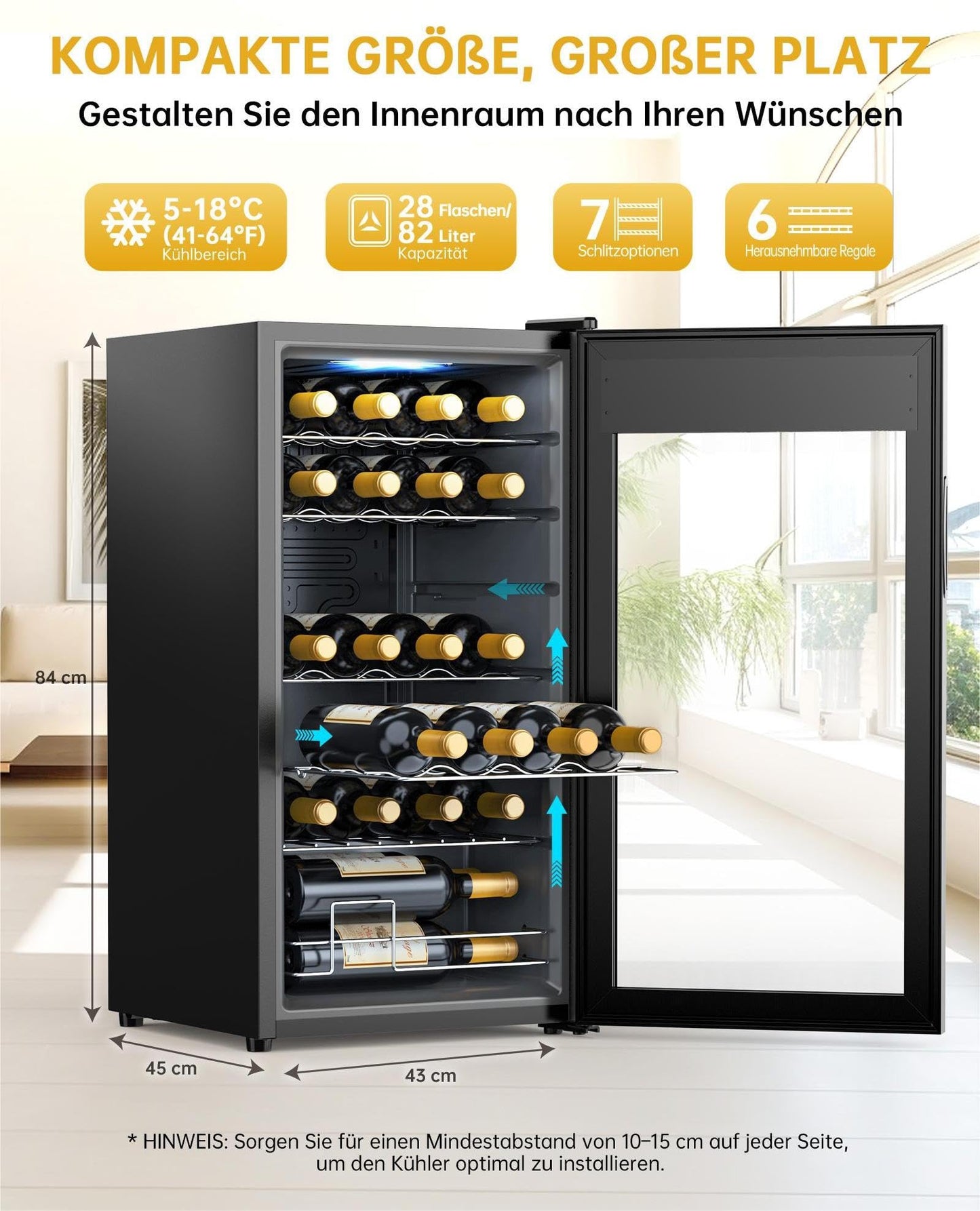 WIE Weinkühlschrank 82 L für 28 Flaschen – Kompressor, 5–18 °C, Glastür mit LED-Touchpanel, Anti-UV, kompakt & stilvoll