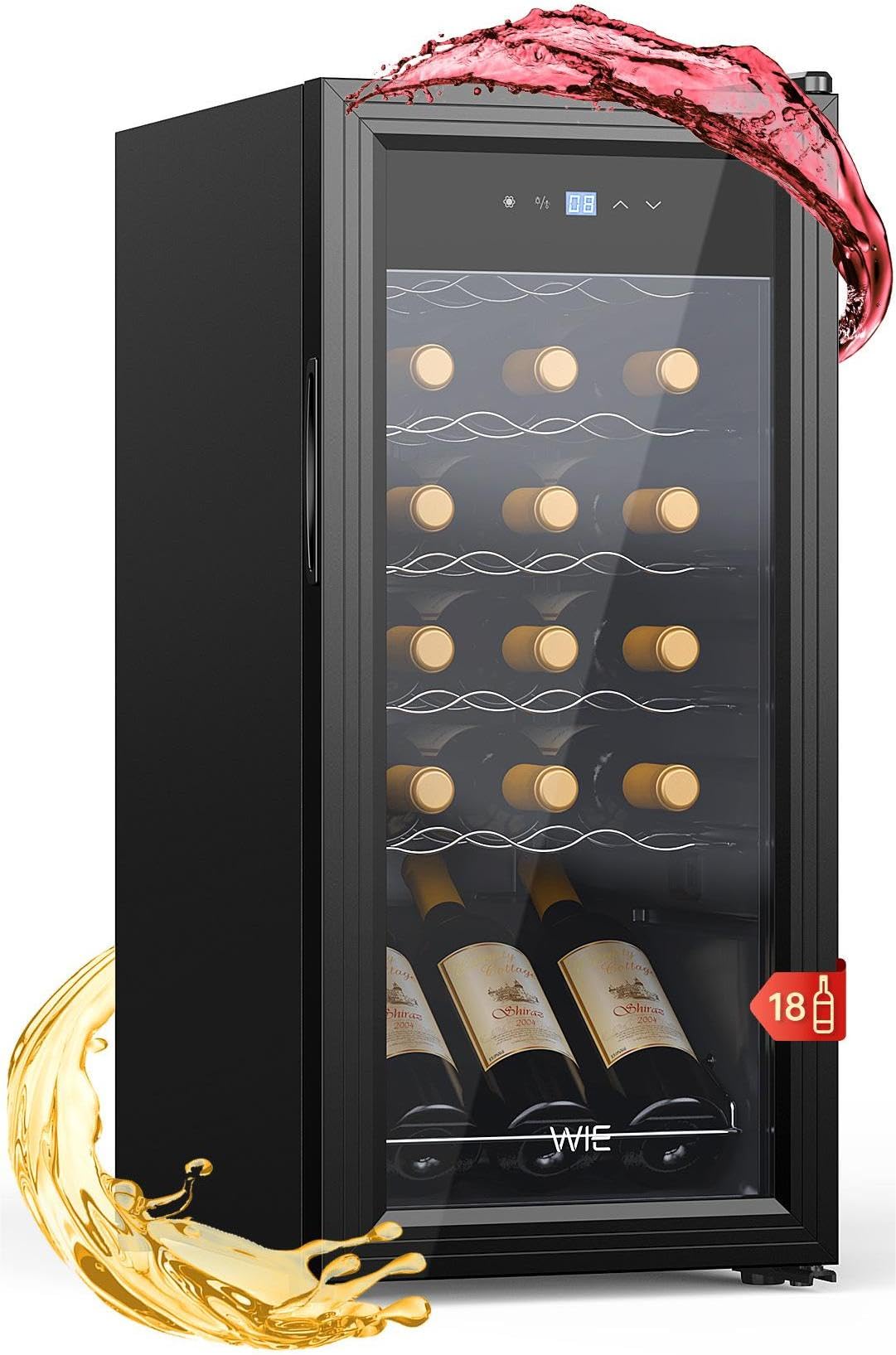 WIE Weinkühlschrank 53 L für 18 Flaschen – Mini Weinschrank mit Glastür, LED-Touchpanel, Anti-UV, 5–18 °C, für Indoor/Outdoor