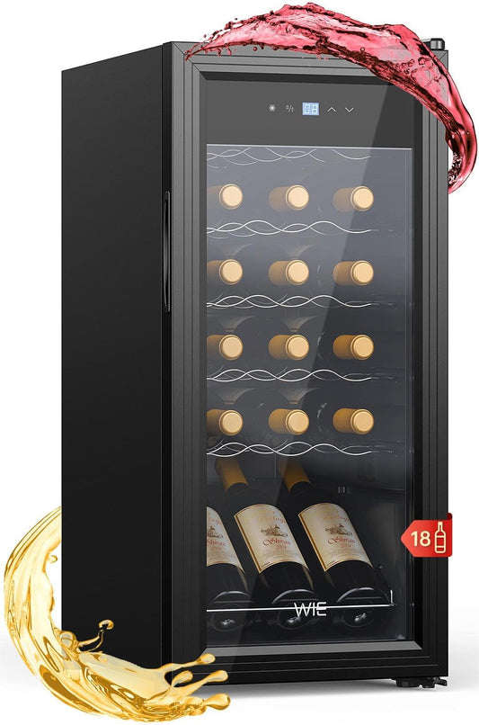 WIE Weinkühlschrank 53 L für 18 Flaschen – Mini Weinschrank mit Glastür, LED-Touchpanel, Anti-UV, 5–18 °C, für Indoor/Outdoor