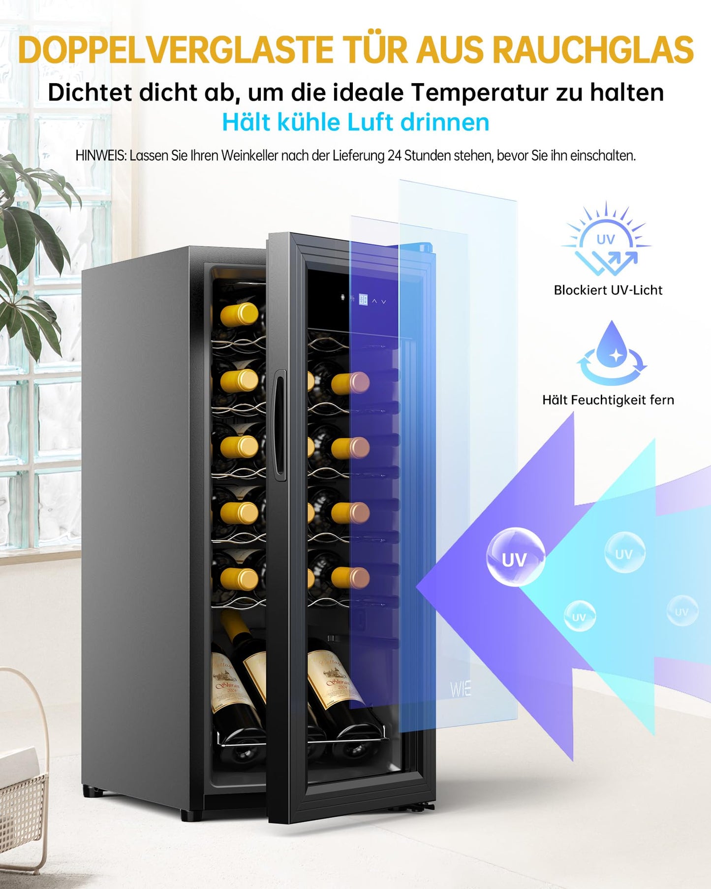 WIE Weinkühlschrank 53 L für 18 Flaschen – Mini Weinschrank mit Glastür, LED-Touchpanel, Anti-UV, 5–18 °C, für Indoor/Outdoor