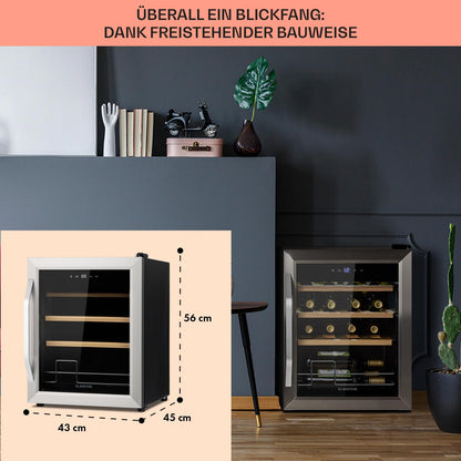 Klarstein Weinkühlschrank – Schmal, 16 Flaschen, 5–18 °C, 1 Zone, freistehend, Glastür mit UV-Schutz, kompakt & stilvoll
