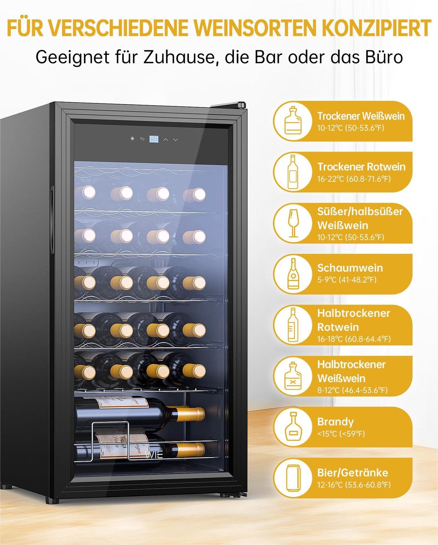 WIE Weinkühlschrank 82 L für 28 Flaschen – Kompressor, 5–18 °C, Glastür mit LED-Touchpanel, Anti-UV, kompakt & stilvoll