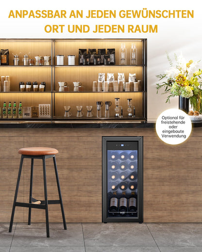 WIE Weinkühlschrank 53 L für 18 Flaschen – Mini Weinschrank mit Glastür, LED-Touchpanel, Anti-UV, 5–18 °C, für Indoor/Outdoor