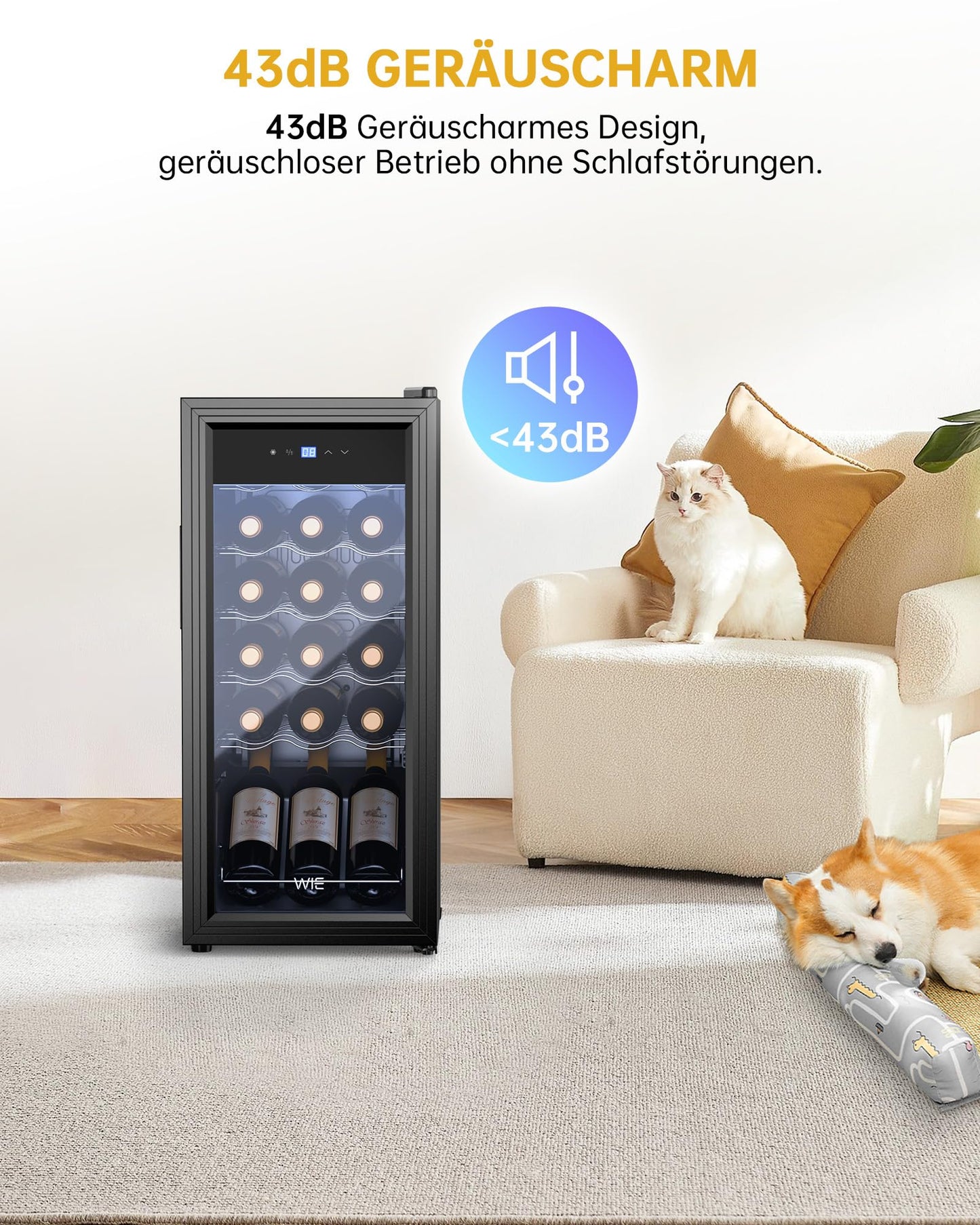 WIE Weinkühlschrank 53 L für 18 Flaschen – Mini Weinschrank mit Glastür, LED-Touchpanel, Anti-UV, 5–18 °C, für Indoor/Outdoor