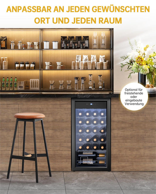 WIE Weinkühlschrank 82 L für 28 Flaschen – Kompressor, 5–18 °C, Glastür mit LED-Touchpanel, Anti-UV, kompakt & stilvoll